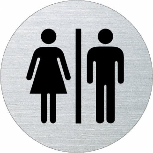 Rundes Piktogramm mit Damen- und Herren-Symbol für Toiletten
