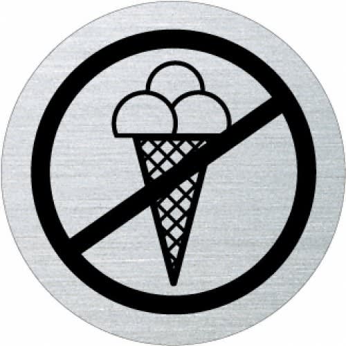 Rundes Piktogramm Eisverbot mit schwarzem Eis-Symbol und durchgestrichenem Kreis auf silbernem Hintergrund