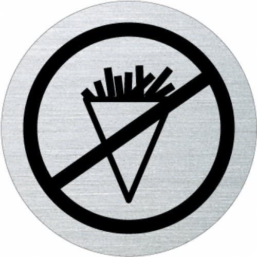 Rundes Piktogramm mit Rand, das Essen verboten symbolisiert, dargestellt durch durchgestrichene Pommes Frites