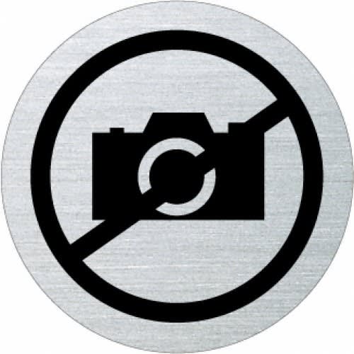 Piktogramm Fotografieren verboten rund mit Rand schwarz auf silbernem Hintergrund