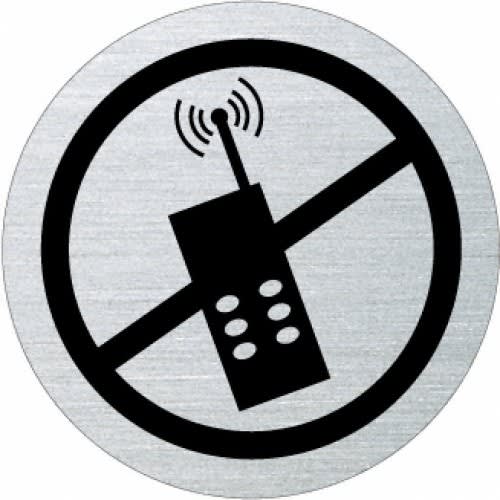 Piktogramm rund mit Rand zeigt ein durchgestrichenes Handy, Symbol für Handys verboten