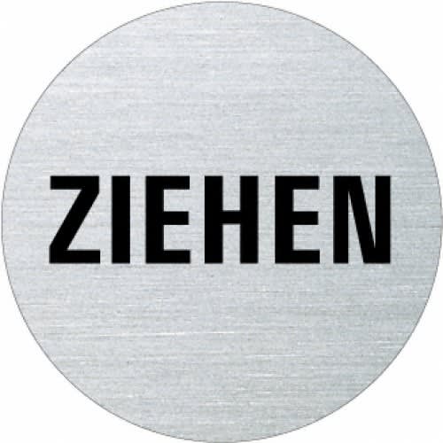 Rundes Metallschild mit dem Text Ziehen in schwarzer Schrift