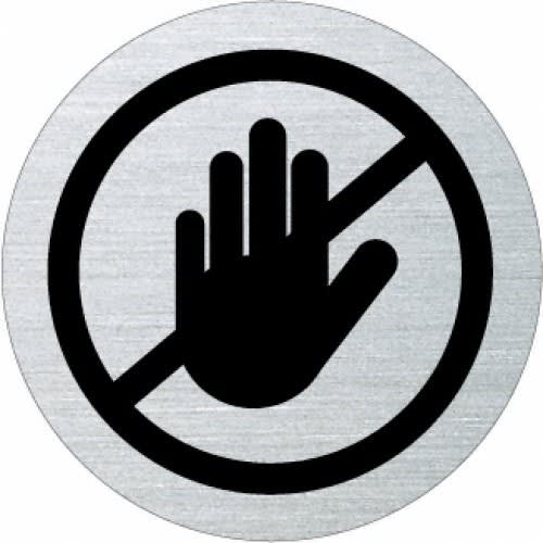 Piktogramm Berühren verboten schwarzes Handsymbol mit Verbotsschild auf silbernem Hintergrund