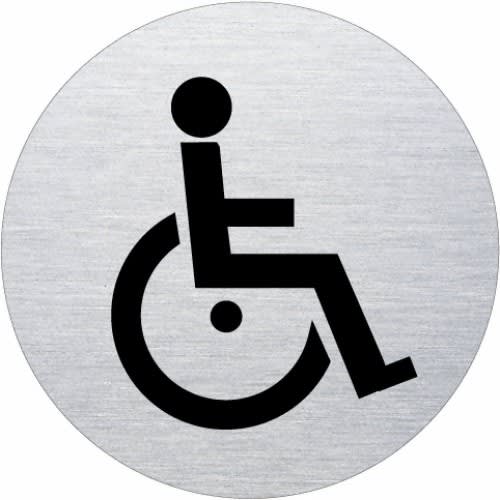 Piktogramm Rollstuhlfahrer rund Motiv 2 schwarzes Symbol auf silbernem Hintergrund