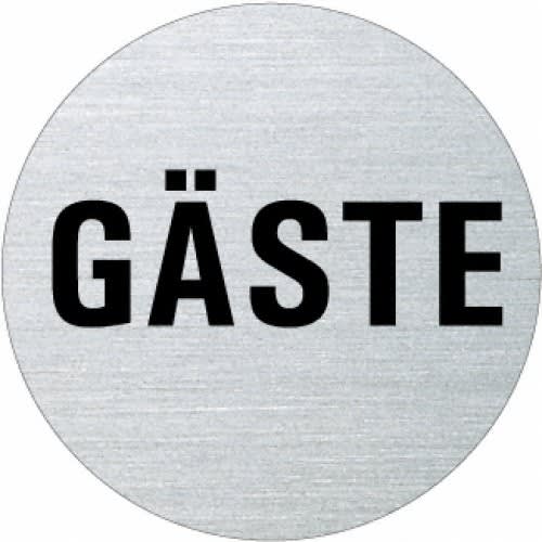 Rundes Metallschild mit dem Schriftzug Gäste in schwarzer Schrift
