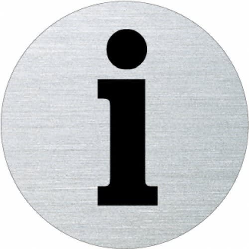 Rundes Piktogramm mit schwarzem Informationssymbol auf silbernem Hintergrund