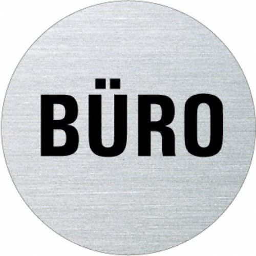Rundes Textschild mit der Aufschrift Büro in schwarzer Schrift auf silbernem Hintergrund