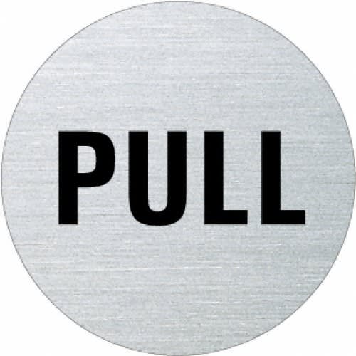 Rundes Textschild mit der Aufschrift PULL in schwarzer Schrift auf silbernem Hintergrund