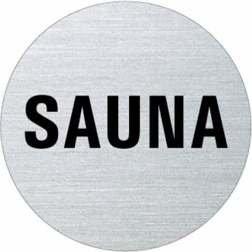Rundes Metallschild mit dem Schriftzug Sauna in schwarzer Schrift