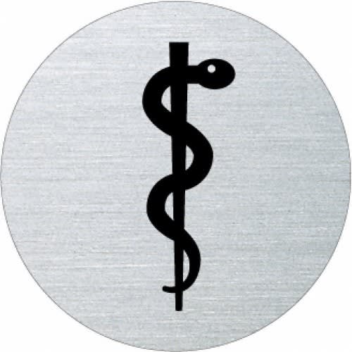 Piktogramm Arzt mit Äskulapstab Symbol auf rundem Schild