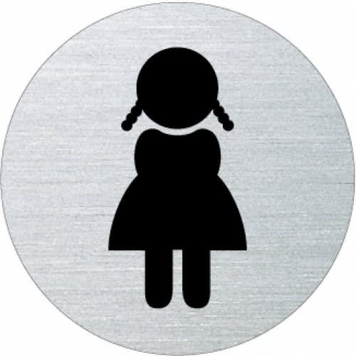 Rundes Piktogramm Damen mit Zöpfen und Kleid auf Metallhintergrund