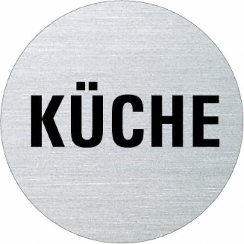 Rundes Metallschild mit dem Schriftzug Küche in schwarzer Schrift