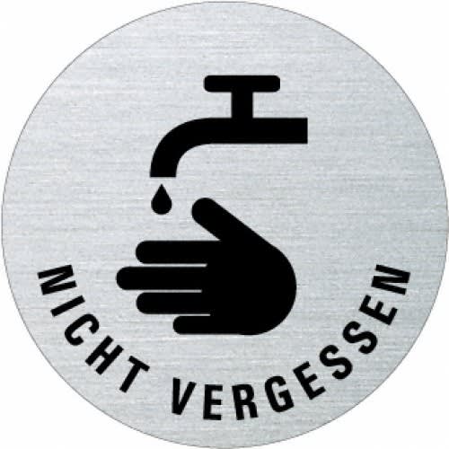 Rundes Textschild Hände waschen nicht vergessen mit Wasserhahn und Hand Symbol