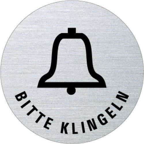 Rundes Metallschild mit Klingel-Symbol und Text 'Bitte klingeln'