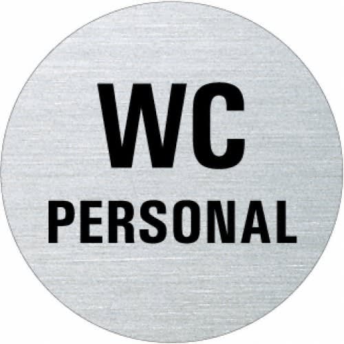 Rundes Textschild mit Aufschrift WC Personal in schwarzer Schrift auf silbernem Hintergrund