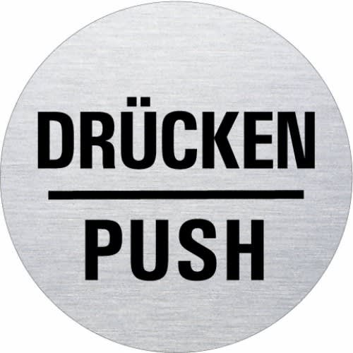 Rundes Textschild aus Metall mit der Aufschrift Drücken Push in schwarzer Schrift