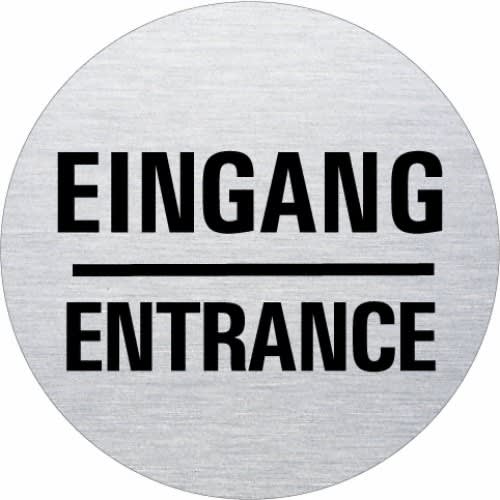 Rundes Metallschild mit der Aufschrift Eingang und Entrance in schwarzer Schrift