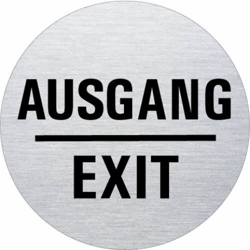 Rundes Textschild mit Aufschrift Ausgang und Exit in schwarzer Schrift auf silbernem Hintergrund