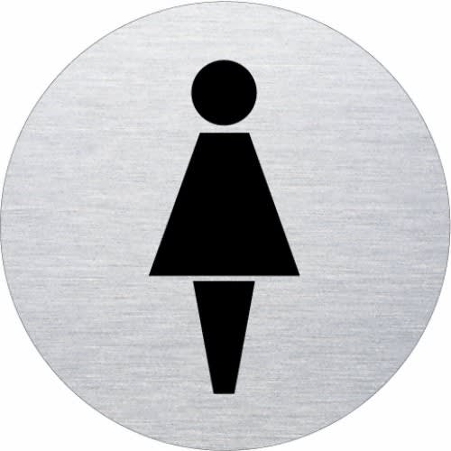 Rundes Piktogramm Damen in schwarzer Silhouette auf silbernem Hintergrund