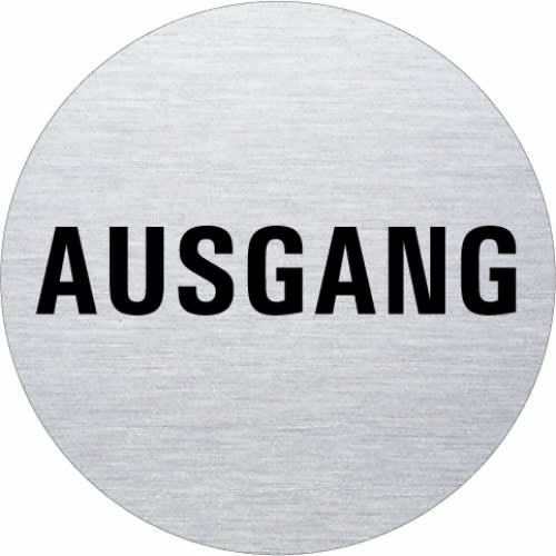 Rundes Textschild mit Aufschrift Ausgang in schwarzer Schrift auf silbernem Hintergrund