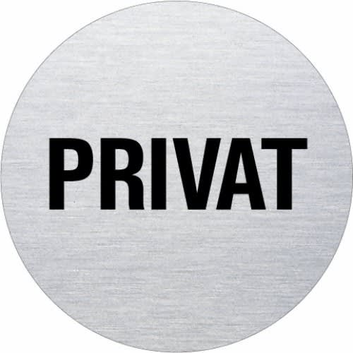 Rundes Textschild mit der Aufschrift PRIVAT in schwarzer Schrift auf silbernem Hintergrund