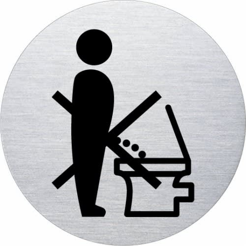 Piktogramm rund ohne Rand mit Symbol, das zeigt, dass die Toilette nicht im Stehen benutzt werden soll