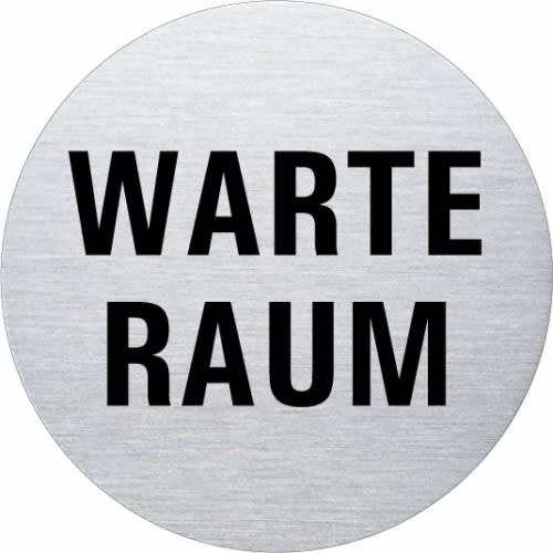 Rundes Textschild mit der Aufschrift WARTE RAUM aus gebürstetem Metall