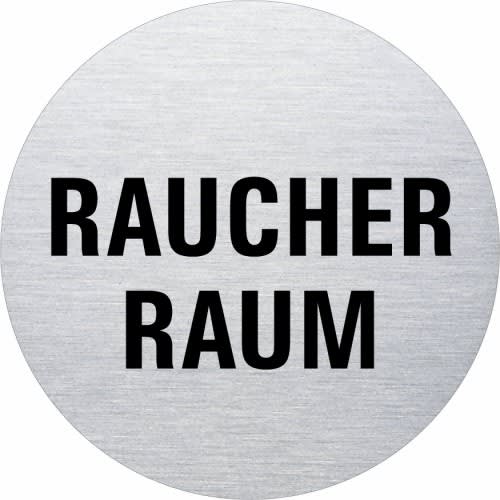 Rundes Textschild mit der Aufschrift Raucherraum in schwarzer Schrift auf silbernem Hintergrund