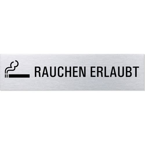 Piktogramm und Textschild mit der Aufschrift Rauchen erlaubt auf silbernem Hintergrund