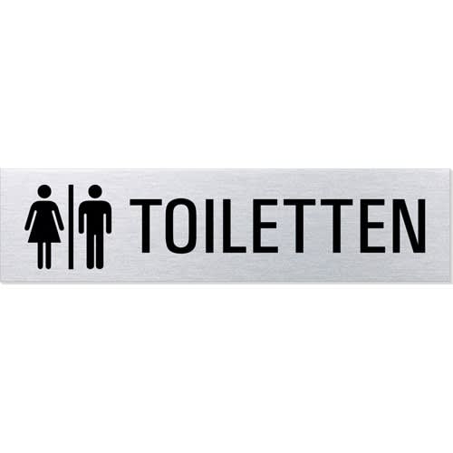 Eckiges Textschild mit Symbolen für Damen und Herren Toiletten und Schriftzug TOILETTEN