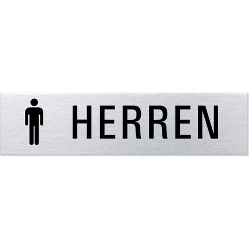 Eckiges Textschild mit Herren-Symbol und Schriftzug Herren in Schwarz auf silbernem Hintergrund