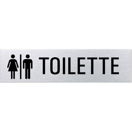 Eckiges Textschild mit Symbolen für Damen- und Herren-Toilette und Schriftzug TOILETTE