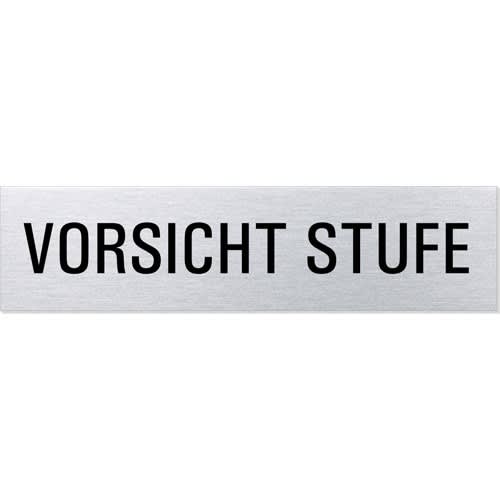 Textschild mit der Aufschrift Vorsicht Stufe eckig aus Metall