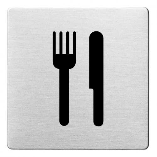 Piktogramm mit Messer und Gabel auf quadratischem Schild mit abgerundeten Ecken, Symbol für Essen oder Speisesaal