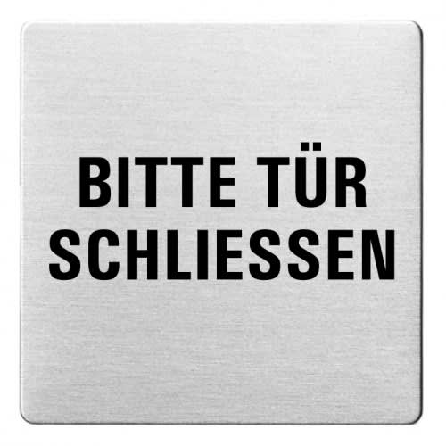 Textschild mit der Aufschrift Bitte Tür schließen, ecken abgerundet, silberner Hintergrund