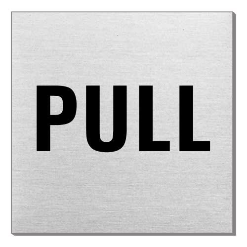 Quadratisches Textschild mit schwarzem Schriftzug PULL auf hellem Hintergrund