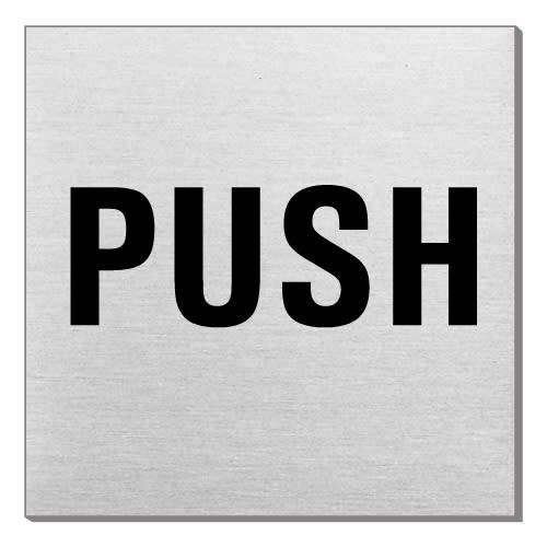Quadratisches Textschild mit schwarzem Schriftzug PUSH auf silbernem Hintergrund