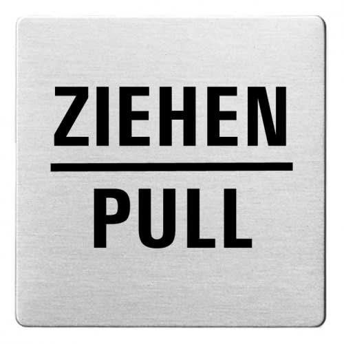 Metallschild mit abgerundeten Ecken und der Aufschrift Ziehen Pull in schwarzer Schrift
