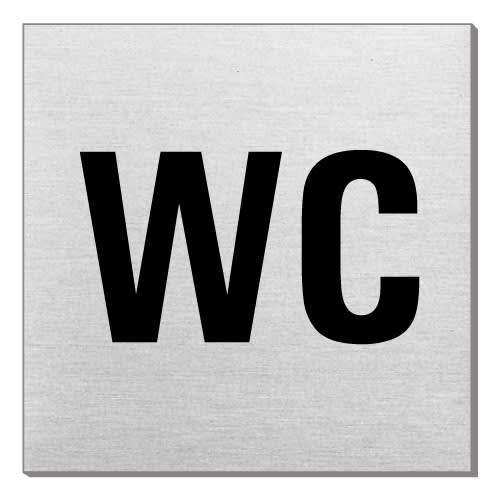 Quadratisches Textschild mit der Aufschrift WC in schwarzer Schrift auf silbernem Hintergrund
