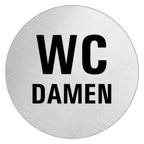 Rundes Textschild mit der Aufschrift WC Damen aus gebürstetem Metall