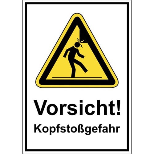 Kombischild Vorsicht! Kopfstoßgefahr mit gelbem Warnsymbol und schwarzer Umrandung