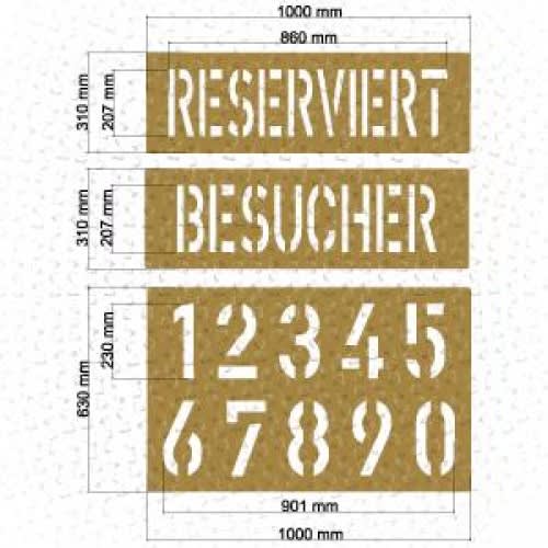 Schablonen-Set 2 mit den Schriftzügen RESERVIERT, BESUCHER und Ziffern 1 bis 9 in verschiedenen Größen auf braunem Hintergrund