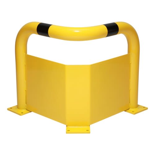 Gelber Eckschutzbügel WACHTWERK X® aus Stahl mit Unterfahrschutz und Ø 76 mm Stärke S