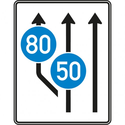 Verkehrszeichen Aufweitungstafel ohne Gegenverkehr, 2-streifig plus Fahrstreifen links mit Geschwindigkeitsangaben 80 und 50 km/h, VZ 275, Verkehrszeichen VZ 545-11