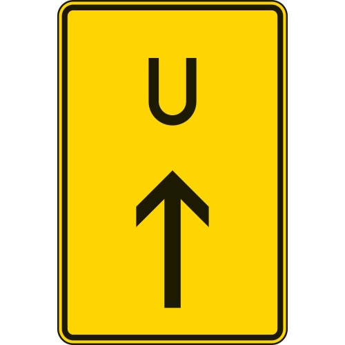 Verkehrsschild Ankündigung oder Fortsetzung der Umleitung, Vorankündigung geradeaus, gelbes Schild mit schwarzem U und Pfeil nach oben