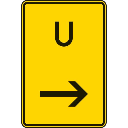 Verkehrsschild Ankündigung oder Fortsetzung der Umleitung, hier rechts, gelbes Schild mit schwarzem U und Pfeil nach rechts