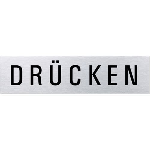 Eckiges Textschild mit dem Schriftzug Drücken in schwarzer Schrift auf silbernem Hintergrund