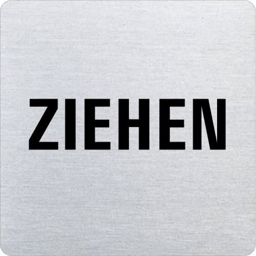 Metallschild mit abgerundeten Ecken und schwarzem Schriftzug Ziehen auf silbernem Hintergrund