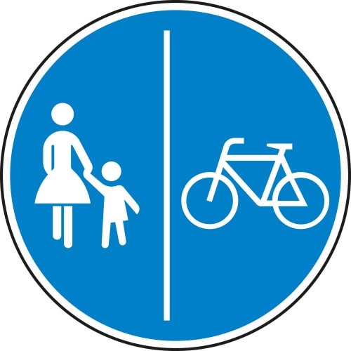 Verkehrsschild Getrennter Rad- und Gehweg mit Radweg rechts, blaues rundes Schild mit Fußgänger und Fahrrad Symbol