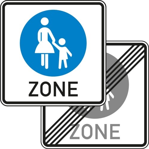 Verkehrsschild Fußgängerzone doppelseitig mit Symbol Frau und Kind, Vorder- und Rückseite, VZ 242.1-40 und VZ 242.2